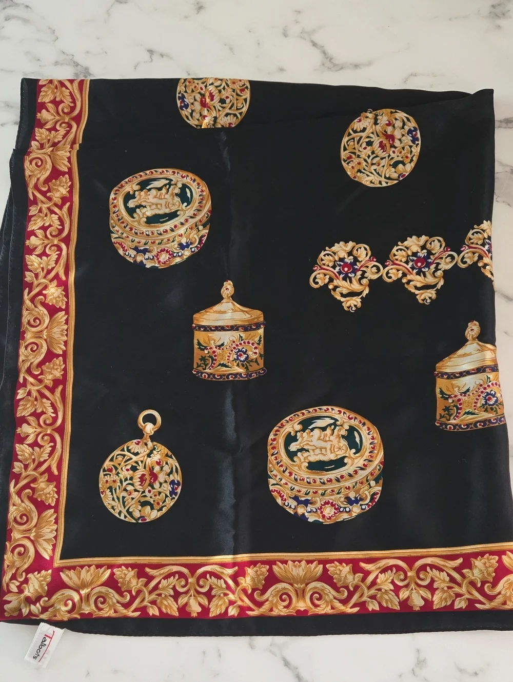 Talbots Vintage Silk Scarf Black Gold Baroque Equestrian Chain‎ Print 35x34